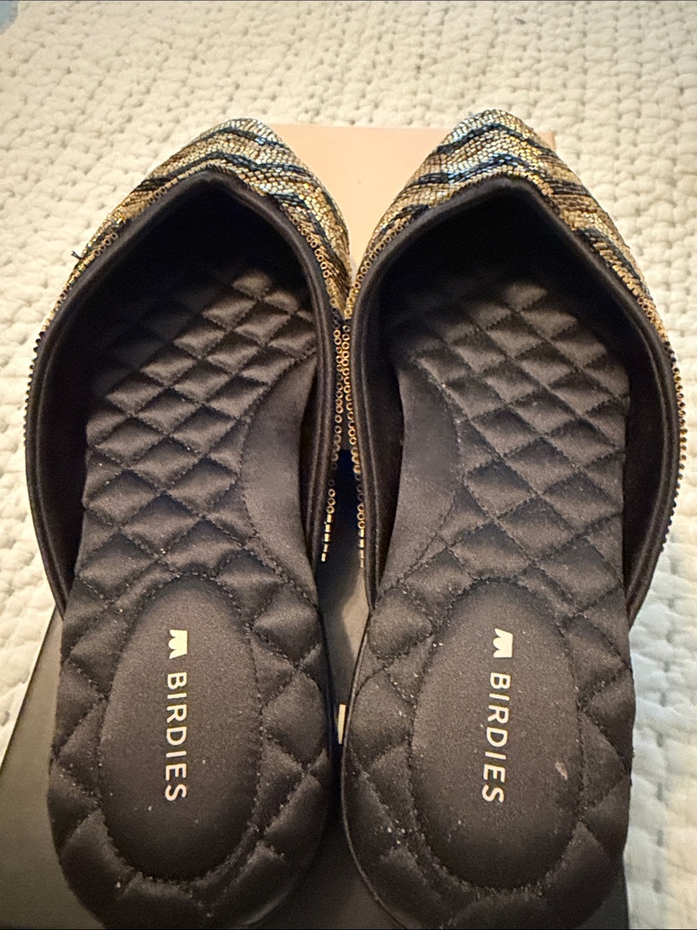 Birdies Black Quilted Flats with Gold and Blue Sequin Trim